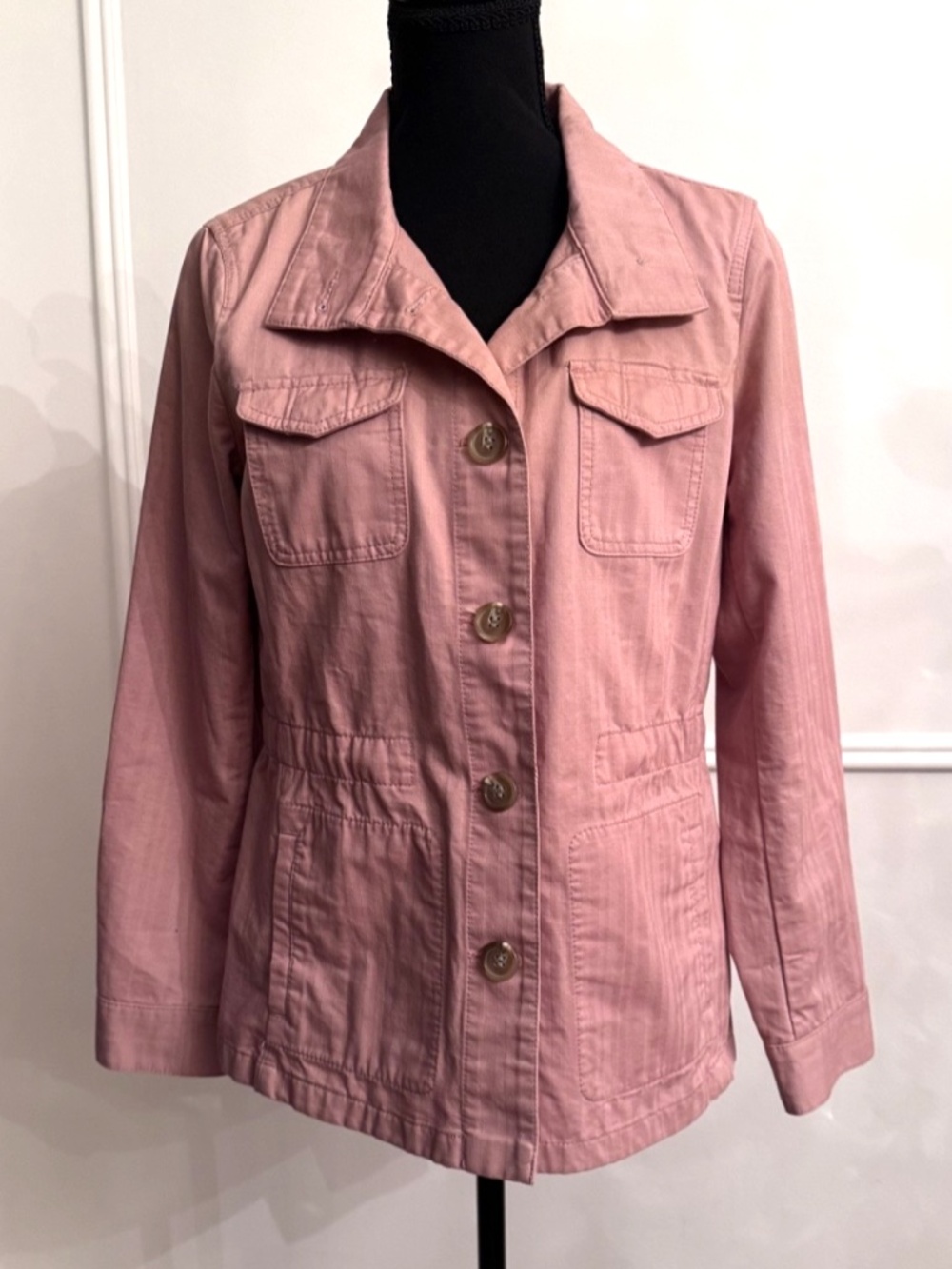 Talbots Small Pink Cotton Canvas Utility Jacket Cinched Waist Button Front EUC